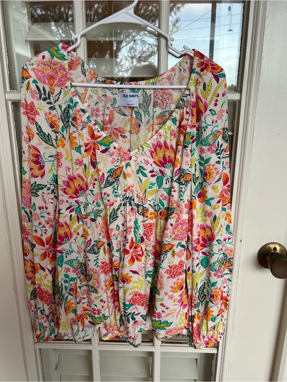 Old Navy Floral V-Neck Long-Sleeve Dress in Cream with Pink and Green
